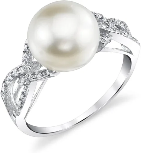 The Pearl Source 10-11mm Genuine White Freshwater Cultured Pearl & Cubic Zirconia Opera Ring for Women