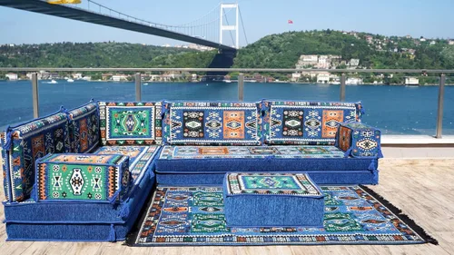 Vista 3 de Blue Arabic Floor Sofa, L Shape Corner Seating Set, Bench Cushions, Sectional Sofa, Pallet Sofas, Floor Cushions, Floor Couch, Oriental Sofa, Sofa