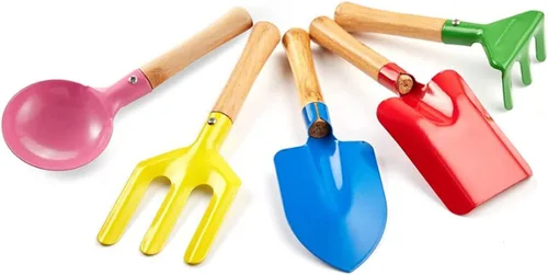 Juego de herramientas de jardinería para niños, 5 herramientas de jardinería para niños de metal con mango de madera resistente, herramientas de