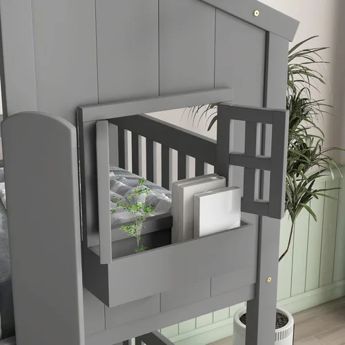 Vista 62 de Cama de casa de tamaño individual con elegantes ventanas y estantería, litera con diseño de castillo de madera con barandillas de seguridad
