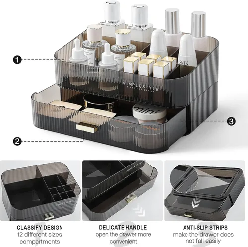 Vista 5 de BREIS Makeup Organizer with Stackable Drawer, Large Vanity Bathroom Organizers for Desk Dresser Countertop, Ideal Storage for Cosmetics, Skincare