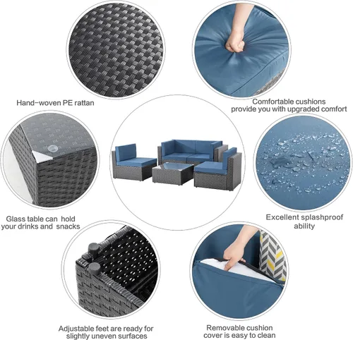 Vista 3 de Shintenchi Sofá seccional de 5 piezas para patio al aire libre, muebles de mimbre de polietileno negro, juegos de conversación con cojines lavables