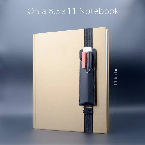Vista 4 de Funda para lápices y bolígrafos con banda elástica ajustable, compatible con cuadernos de tapa dura, agendas, encuadernadoras, de 8" a 11” de Negro