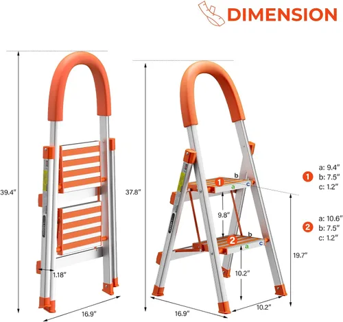 Vista 6 de LUISLADDERS Escalera de 2 escalones de aluminio. Taburete plegable ligero y portátil para el hogar y la cocina, escalera resistente de 500 libras