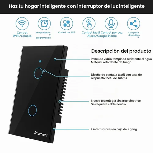 Vista 4 de Interruptor de luz táctil inteligente WiFi, 2 cuadrillas, estándar de EE. UU., panel de vidrio templado, función de temporizador, un solo polo