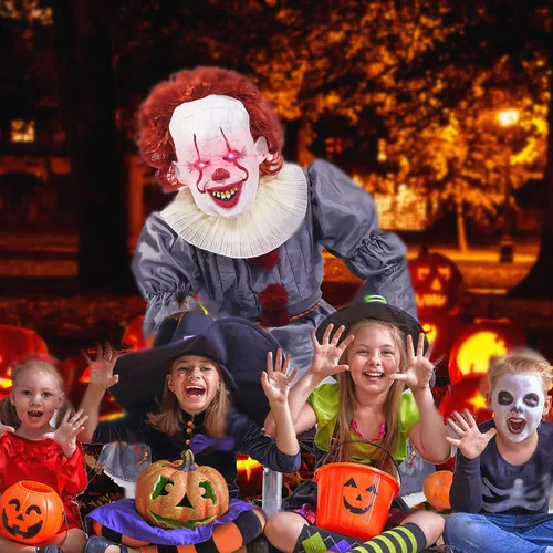 Vista 4 de Disfraz de payaso IT para adultos con máscara de látex y globos juego de lujo para Halloween