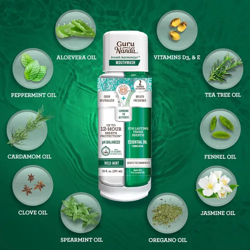 Vista 2 de GuruNanda Enjuague Bucal Armonizador de Aliento de Doble Barril - Refresca el Aliento - Sin Alcohol y Fluoruro con Clorito de Sodio y Aceites