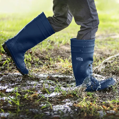 Vista 5 de HISEA Botas de lluvia para hombre con vástago de acero, botas de goma impermeables, botas de lluvia de PVC sin costuras, calzado de protección