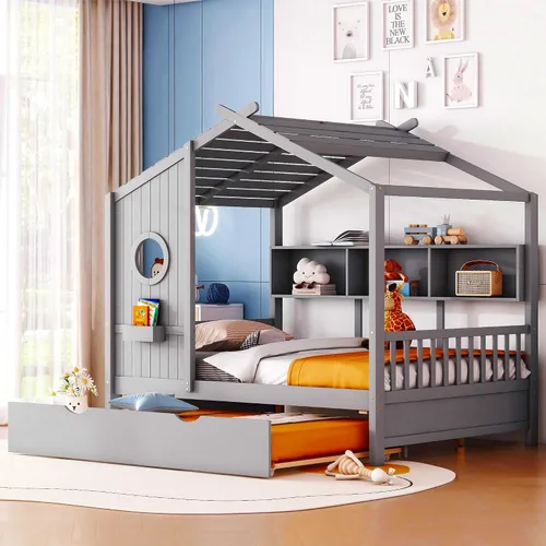 Vista 20 de Cama de casa con tienda y estantería, 2 cajones, carga USB Espresso-tt