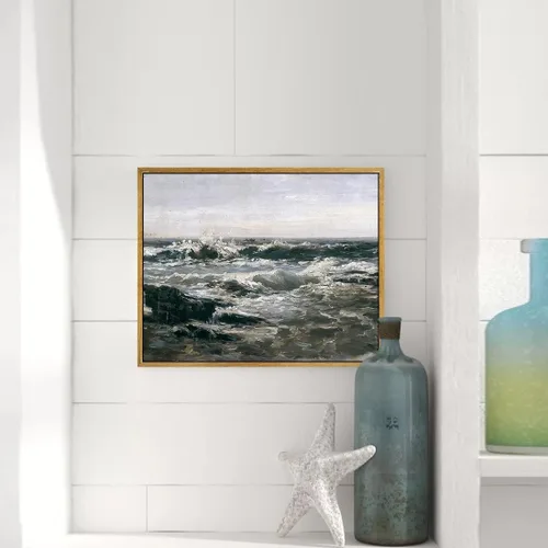 Vista 4 de Pintura francesa vintage de paisaje marino Arte de lienzo de olas de horizonte de mar con marco de 8 x 10 pulgadas