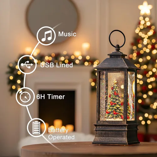 Vista 3 de Linterna de Globo de Nieve de Navidad con Agua Brillante, Árbol de Navidad con Música, USB Conectado/Funciona con Pilas, Linterna Iluminada