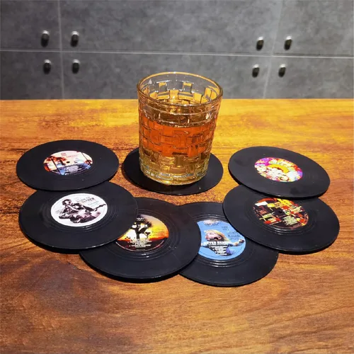 Vista 8 de Divertidos posavasos retro para discos de vinilo, juego de 6 posavasos creativos con soporte para tocadiscos de vinilo para amantes de la música