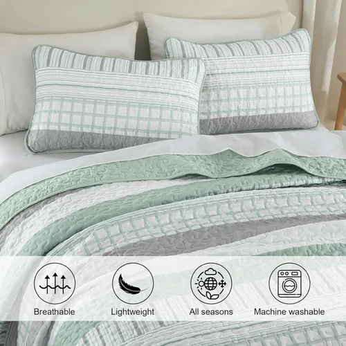 Vista 5 de DJY Juego de edredón a rayas tamaño Queen, juego de colcha bohemia verde salvia de 3 piezas, juego de ropa de cama acolchada de microfibra suave