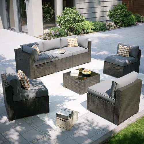 Vista 25 de Aoxun Juego de muebles de patio, 7 piezas de sofás modulares para exteriores con funda impermeable, muebles de mimbre para exteriores, juego