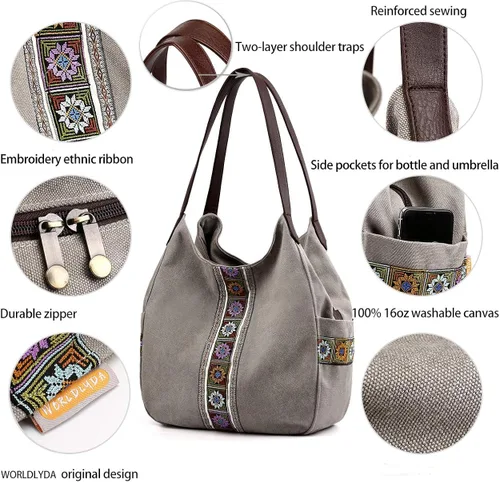 Vista 4 de Worldlyda Women Canvas Hobo Purse Multi Pocket Tote Shopper Shoulder Bag Casual Top Handle handbag with Embroidery Ethnic