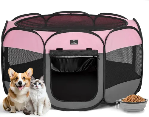 Vista 11 de Corralito para perros pequeños y cachorros, 29.92 pulgadas, portátil, para interiores y exteriores, con cuenco, suelo impermeable, plegable