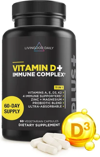 Livingood Daily Suplemento de vitamina D3 K2 de 4000 UI, suplemento dietético 9 en 1 para apoyo inmunológico, fabricado con vitaminas D, A, E, K2,