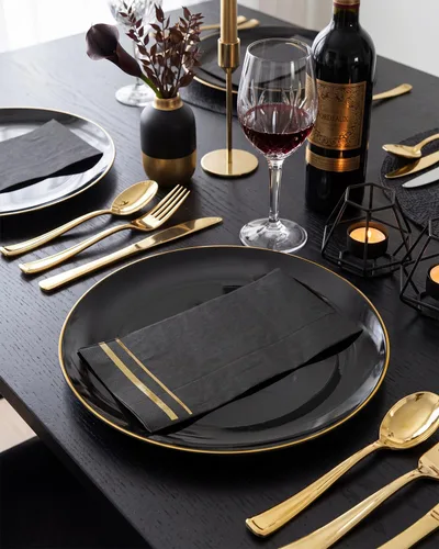 Vista 7 de bUCLA 100 unidades de servilletas de 3 capas negras y doradas - Servilletas de papel negro para cena desechables de calidad premium, desechables