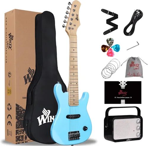 Vista 16 de WINZZ EGM100 - Guitarra eléctrica para niños de 30 pulgadas con kit para principiantes, para diestros, Blueburst