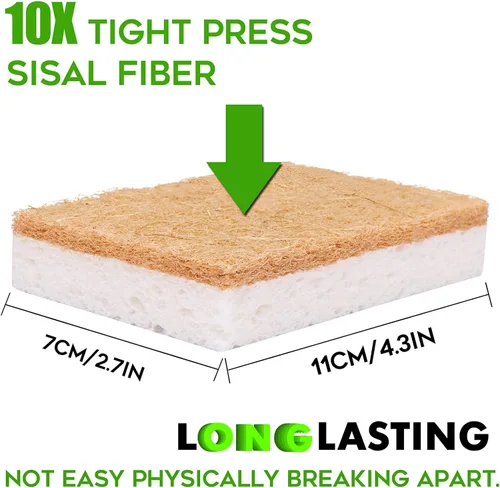 Vista 4 de Esponjas naturales para cocina, paquete de 9, esponja ecológica antiarañazos, limpiador de sisal biodegradable con esponjas compostables para platos