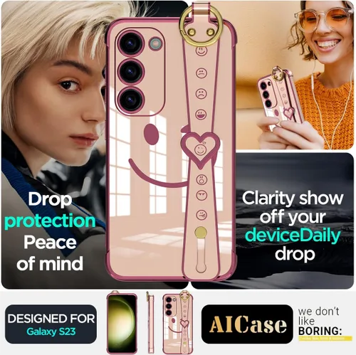 Vista 7 de AICase Funda para Samsung Galaxy S23 con protección completa de lente de cámara + correa, cara sonriente chapada con purpurina brillante