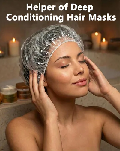 Vista 2 de Aquior Gorro de ducha desechable, 50 piezas de gorras de baño más grandes, gruesas, transparentes, impermeables, de plástico elástico, para mujeres