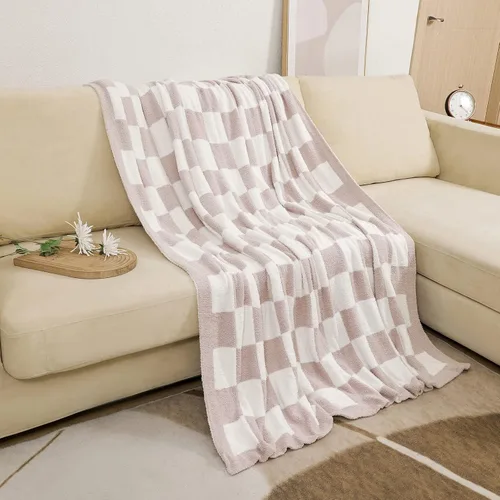 Vista 6 de bearberry Manta mullida de cuadrícula de ajedrez, suave, acogedora y cálida de microfibra para todas las estaciones, decoración para sofá, cama