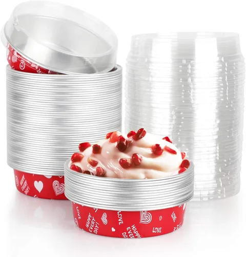 Vista 33 de Beasea Paquete de 20 Moldes para Cheesecake con Tapas, 8 Oz, 4 Pulgadas Moldes Redondos de Papel de Aluminio para Tartas, Contenedor para Muffins