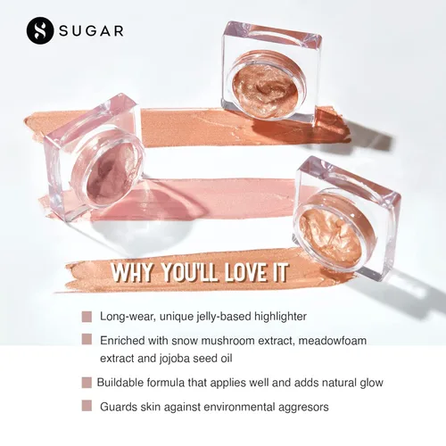 Vista 4 de SUGAR Cosmetics Glow And Behold Jelly Highlighter - 02 Peach Pioneer (Melocotón Rosa Oro) Resaltador líquido, de larga duración