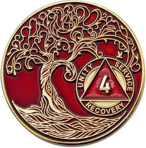 Vista 136 de 1 año Sobriety Mint Twisted Tree of Life Medallón de recuperación AA chapado en oro, chip/ficha - negro