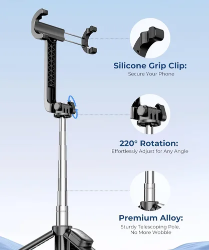 Vista 5 de Fuloview Trípode de Viaje para Selfie de 67 Pulgadas, Trípode Extensible para iPhone con Control Remoto Inalámbrico y Soporte para Teléfono, Soporte