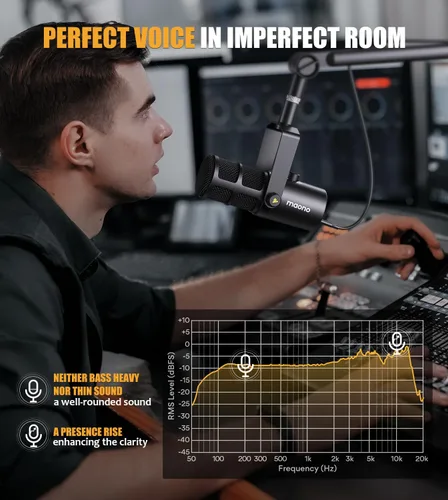 Vista 3 de MAONO Micrófono dinámico, micrófono de PC Podcast USB/XLR con software, ecualizador, toque para silenciar, conector para auriculares, perilla