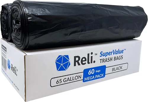 Vista 7 de Reli. SuperValue - Bolsas de basura de 65 galones, 60 unidades, fabricadas en Estados Unidos, resistentes, bolsas de basura negras multiusos