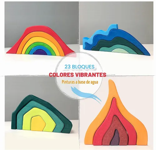 Vista 3 de Bloques de arco iris XL de cuatro elementos, juguetes de madera para niños, rompecabezas de construcción geométrico, juego educativo de volcán/casa