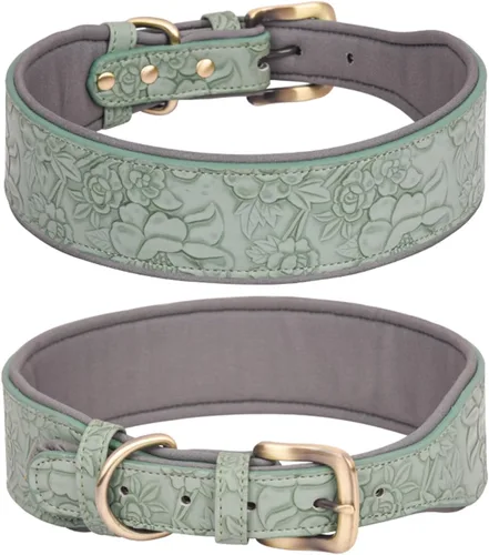 Vista 8 de Collar de cuero para perro, para perros grandes, medianos y pequeños, collar de piel sintética con estampado en relieve (M, negro)