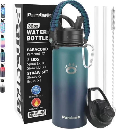 Insulated Water Bottle 32oz, Stainless Steel Water Bottle with Straw & Spout Lids & Paracord Handle | with Straw, Spout Lids, Paracord Handle