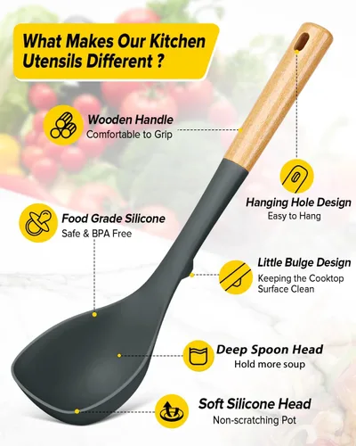 Vista 2 de Juego de cucharón de sopa de silicona y cuchara de espagueti con mango de madera, utensilios de cocina antiadherentes resistentes al calor para Gris