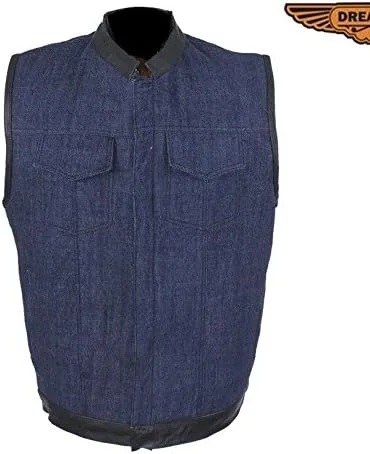 Vista 3 de Chaleco de mezclilla para hombre con ribete de cuero, 2 bolsillos para pistola