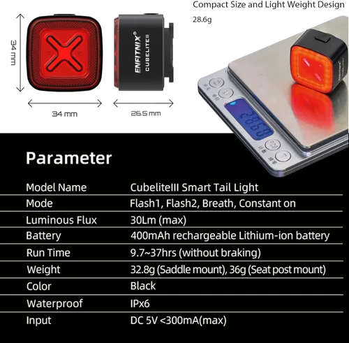 Vista 9 de CUBELITE III - Luz inteligente para bicicleta, visibilidad ultra alta, encendido/apagado automático, luz trasera LED de doble canal con detección