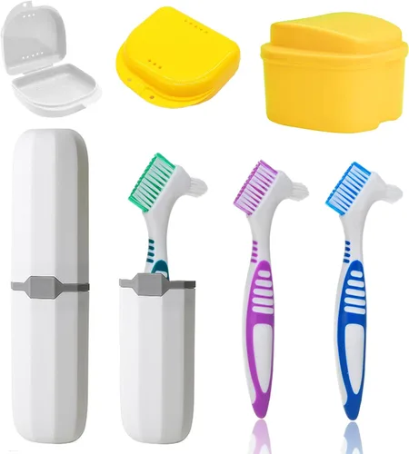 Vista 6 de Kit de 7 piezas de cepillo para dentadura postiza, herramientas de limpieza de dientes falsos con 3 cepillos, 2 retenedores y cajas de baño con caja