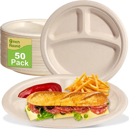 Vista 7 de Platos de papel de 9 pulgadas, paquete de 50 platos reciclados ecológicos, platos desechables 100% compostables, platos resistentes tamaño cena