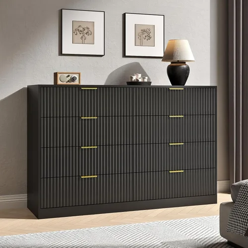 Vista 8 de Cómoda negra con 6 cajones profundos, cómoda acanalada de 55" de ancho para dormitorio con tirador dorado, cómoda moderna para armario, dormitorio