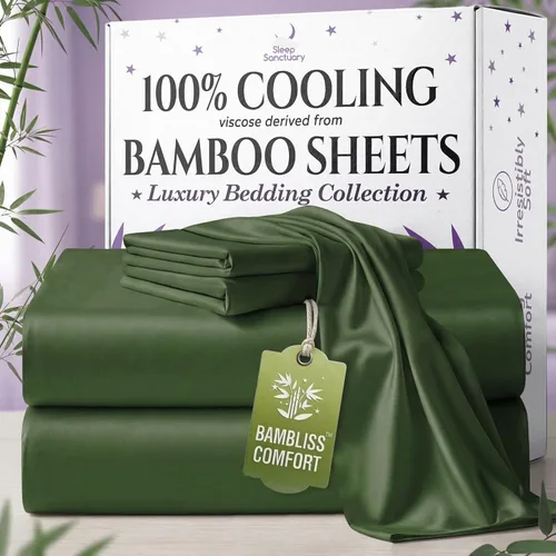 Vista 18 de SLEEP SANCTUARY 100% viscosa orgánica derivada de sábanas de bambú, tamaño individual, 4 piezas, ultra suave y refrescante, bolsillo profundo de 17