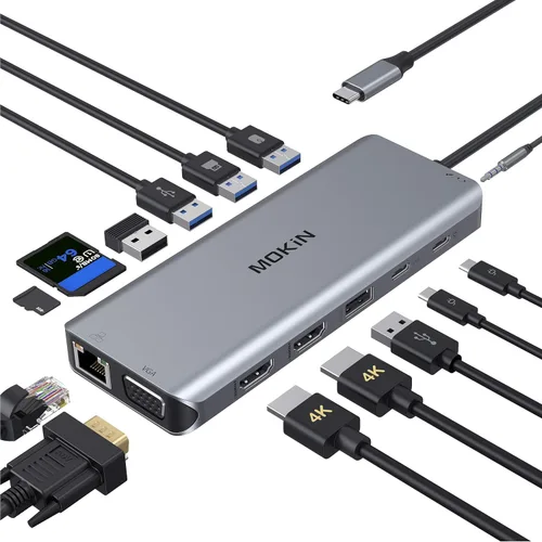 Vista 10 de Estación de acoplamiento USB C 4 monitores 13 en 1, HDMI dual+8K DP+VGA, 10Gbps, 100W PD, 6 puertos USB C/A, Ethernet, SD/TF, estación