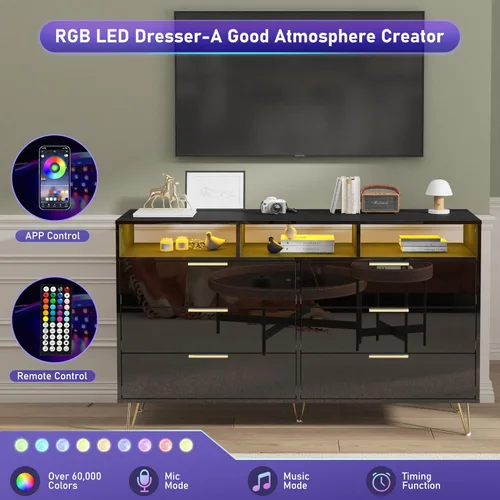 Vista 4 de Cómoda negra para dormitorio con luces LED, cómoda de 6 cajones con patas doradas, cómodas anchas y modernas de alto brillo para sala de estar