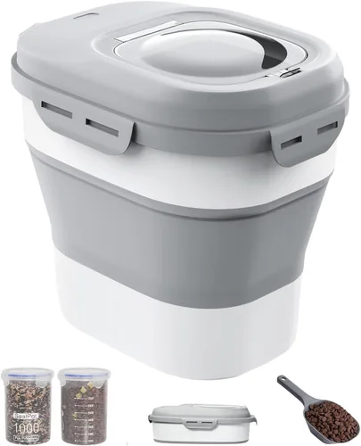 Vista 10 de Contenedor de almacenamiento de alimentos para perros de 30 a 35 libras, contenedor plegable de comida para perros con tapas herméticas, ruedas