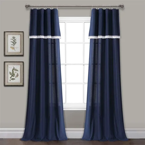 Vista 13 de Lush Decor Par de paneles de cortinas de lino con encaje para ventana, 84 x 38 pulgadas, azul