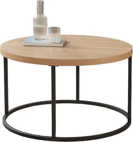 Vista 7 de CENSI Mesa auxiliar redonda de 31.5 pulgadas, moderna mesa central industrial de madera de roble natural para sala de estar, patas de metal