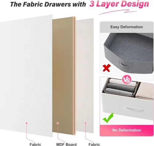 Vista 8 de Soporte de TV blanco para TV de 50 pulgadas, cómoda resistente para dormitorio con 5 cajones de tela y estantes abiertos de madera, cómoda