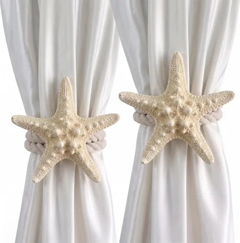Paquete de 2 alzapaños de cuerda con estrellas de mar naturales, decoración hecha a mano con estrellas de mar de cinco dedos para patio al aire